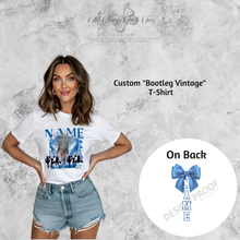 Load image into Gallery viewer, Woman wearing custom bootleg vintage t-shirt with wolf graphic and name personalization by All Things Faith TEES