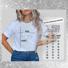 Load image into Gallery viewer, Jesus Did It t-shirt from All Things Faith TEES worn by a woman with blue jeans and size chart overlay