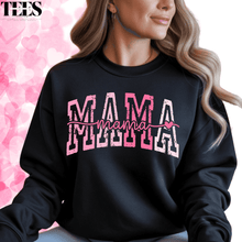 Load image into Gallery viewer, Black mama crewneck sweatshirt from All Things Faith TEES with pink distressed mama text design