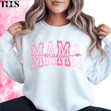 Load image into Gallery viewer, White mama crewneck sweatshirt from All Things Faith TEES with pink mama text and heart design
