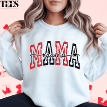 Load image into Gallery viewer, White mama crewneck sweatshirt from All Things Faith TEES with bold red and black lettering