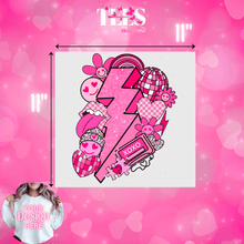 Load image into Gallery viewer, Valentine's Day ready to press transfers with pink lightning bolt and love-themed icons for T-shirts