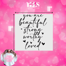Load image into Gallery viewer, Valentine's Day ready to press transfers with inspirational quote design in black script letters