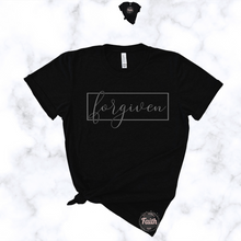 Load image into Gallery viewer, Black forgiven Christian t-shirt with cursive text front view knot detail