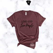 Load image into Gallery viewer, Love GOD Love People t-shirt maroon color front view with knotted hem