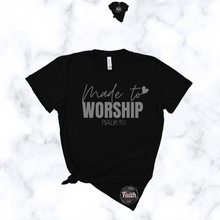 Load image into Gallery viewer, Black made to worship t-shirt with Psalm 151 text front view