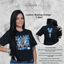 Load image into Gallery viewer, Woman wearing custom bootleg vintage t-shirt with personalized name design in front and back
