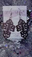 Load image into Gallery viewer, All Things Faith Tees custom made boho cross earrings with intricate cutout design in dark metal
