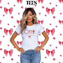 Load image into Gallery viewer, Christian faith t-shirt by All Things Faith TEES worn by woman with inspirational red design on white fabric
