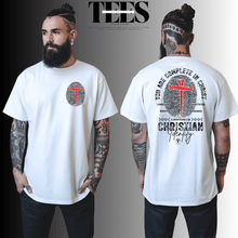 Load image into Gallery viewer, All Things Faith TEES Christian identity t-shirt in white with red cross fingerprint design front and back
