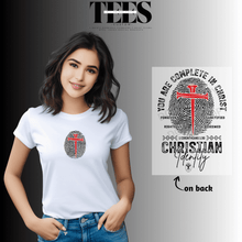 Load image into Gallery viewer, White Christian identity t-shirt by All Things Faith TEES with red cross and fingerprint design on front and scripture on back
