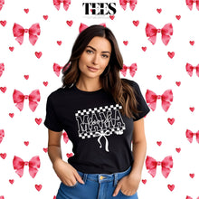 Load image into Gallery viewer, Woman wearing a black Loved Mama t-shirt with white checkered and ribbon design from All Things Faith TEES
