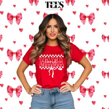Load image into Gallery viewer, Woman wearing red Loved Mama t-shirt with checkered design standing with hands on hips
