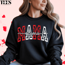 Load image into Gallery viewer, All Things Faith TEES black mama crewneck sweatshirt with bold red and white MAMA text design

