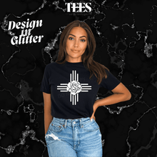 Load image into Gallery viewer, All Things Faith TEES New Mexico Zia glitter t-shirt with white Zia symbol and rose graphic

