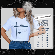Load image into Gallery viewer, Woman wearing white New Mexico Zia glitter t-shirt by All Things Faith TEES with size chart overlay
