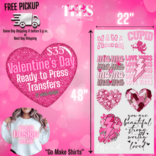 Load image into Gallery viewer, All Things Faith TEES Valentine's Day ready to press transfers with pink heart designs and love-themed graphics
