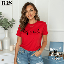 Load image into Gallery viewer, Red Loved John 3:16 sweatshirt T-shirt by All Things Faith TEES worn by woman with jeans
