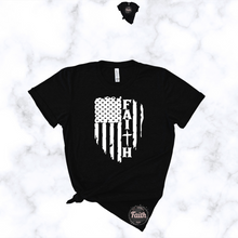 Load image into Gallery viewer, Black faith American flag t-shirt with white distressed flag and vertical faith text front view
