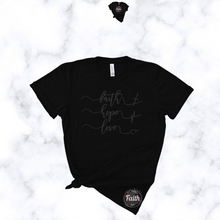 Load image into Gallery viewer, Black faith hope love t-shirt with script text and heart design front view by All Things Faith TEES
