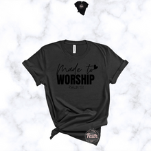 Load image into Gallery viewer, Black made to worship t-shirt with Psalm 151 text front view by All Things Faith TEES
